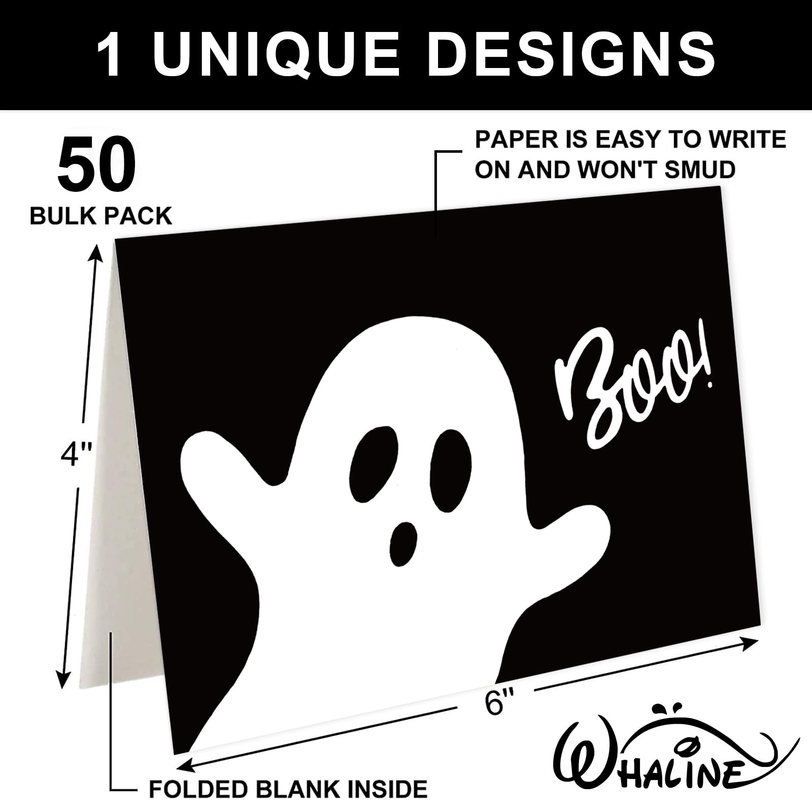 Whaline Lot de 50 cartes de vœux d'Halloween avec enveloppes et autocollants pour Halloween, anniversaire, fête prénatale, 10,2 x 15,2 cm