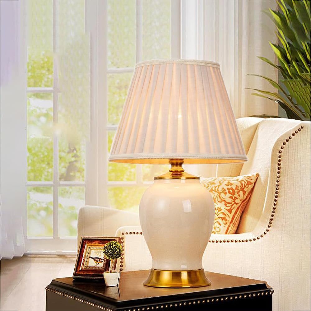 XINYASEE Lampada da tavolo in ceramica, lampada da comodino E27, base in ceramica e paralume in tessuto, adatta per la decorazione della camera da letto e del soggiorno (Bianco)