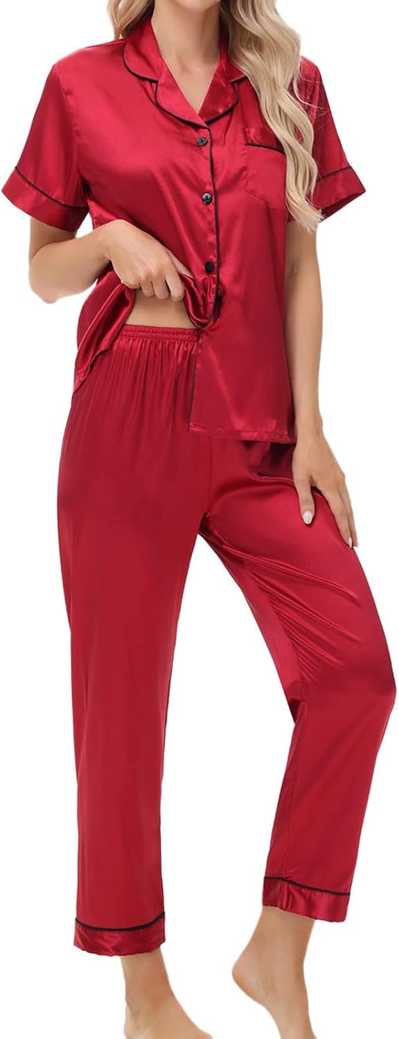Women's Satin Pajama Set Short Sleeve Silk Top and Pants Set Classic Button Down 2-Piece Sleepwear Loungewear