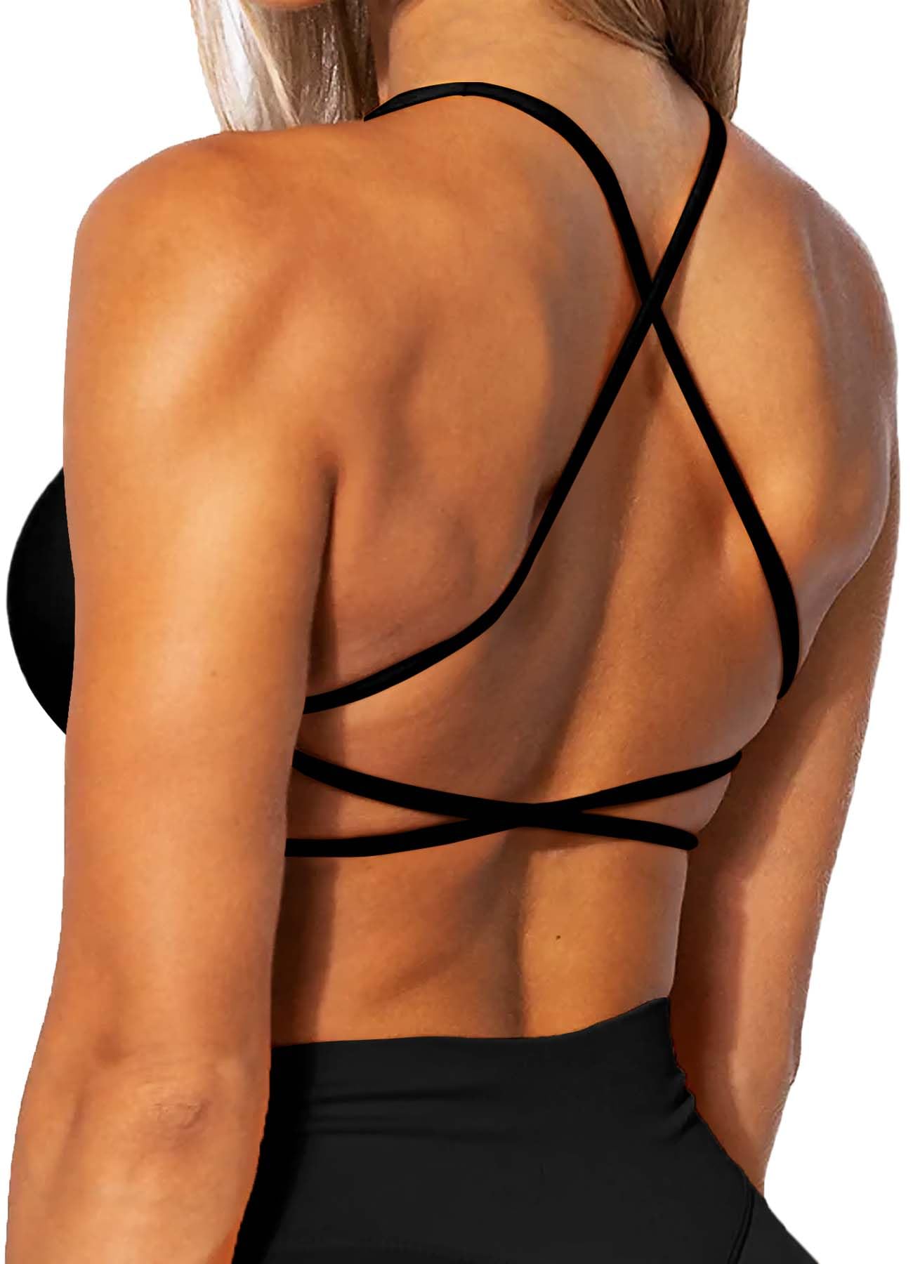 TZLDNWomen Workout Backless Sports Bra Removable Padded Strappy Low Impact Support Open Back Gym Bras Yoga Crop Tank Top