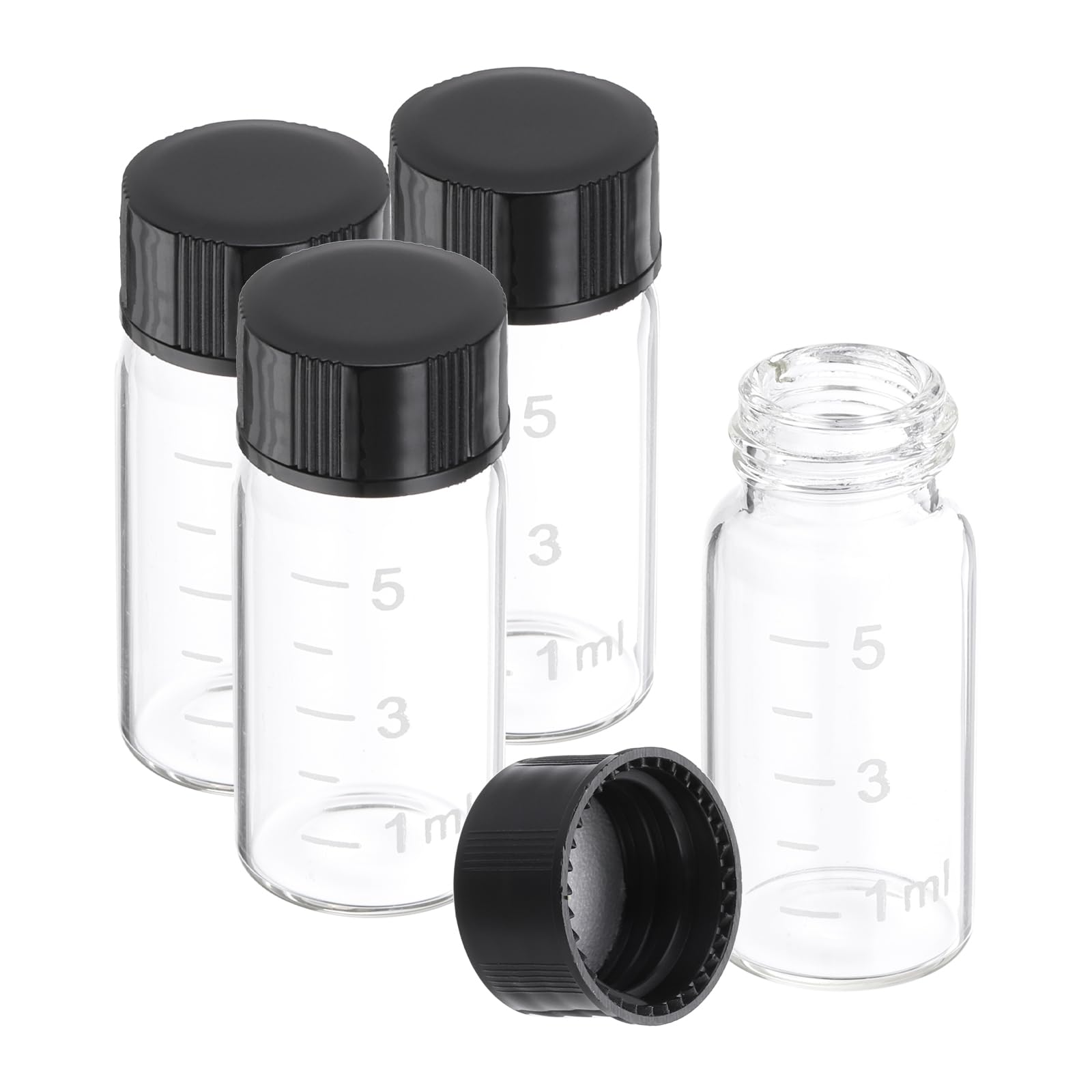 PATIKIL 4pz 5ml Piccoli Viali Vetro Trasparente con Tappo a Vite Nero, Bottiglie Campionamento Graduato Vetro Borosilicato Conservare Solidi Liquidi e Polveri