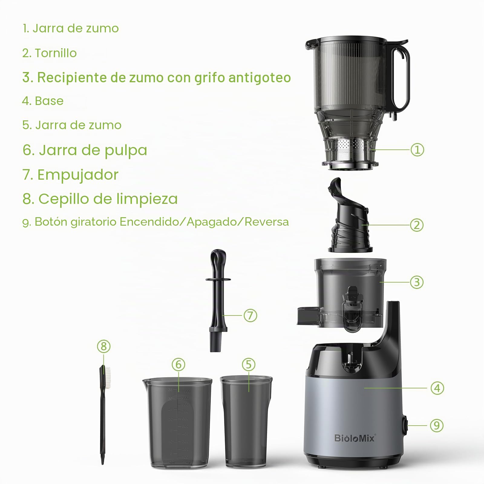 Exprimidor de Prensa en Frío, BioloMix Exprimidor de Masticación Lenta con 13CM Extra Large Feed Chute Fit Whole Frutas y Verduras con Triple Filtro, Fácil de Limpiar, BPA Free 250W DC Motor | Conducto de alimentación extra grande de 13 cm, para frutas y