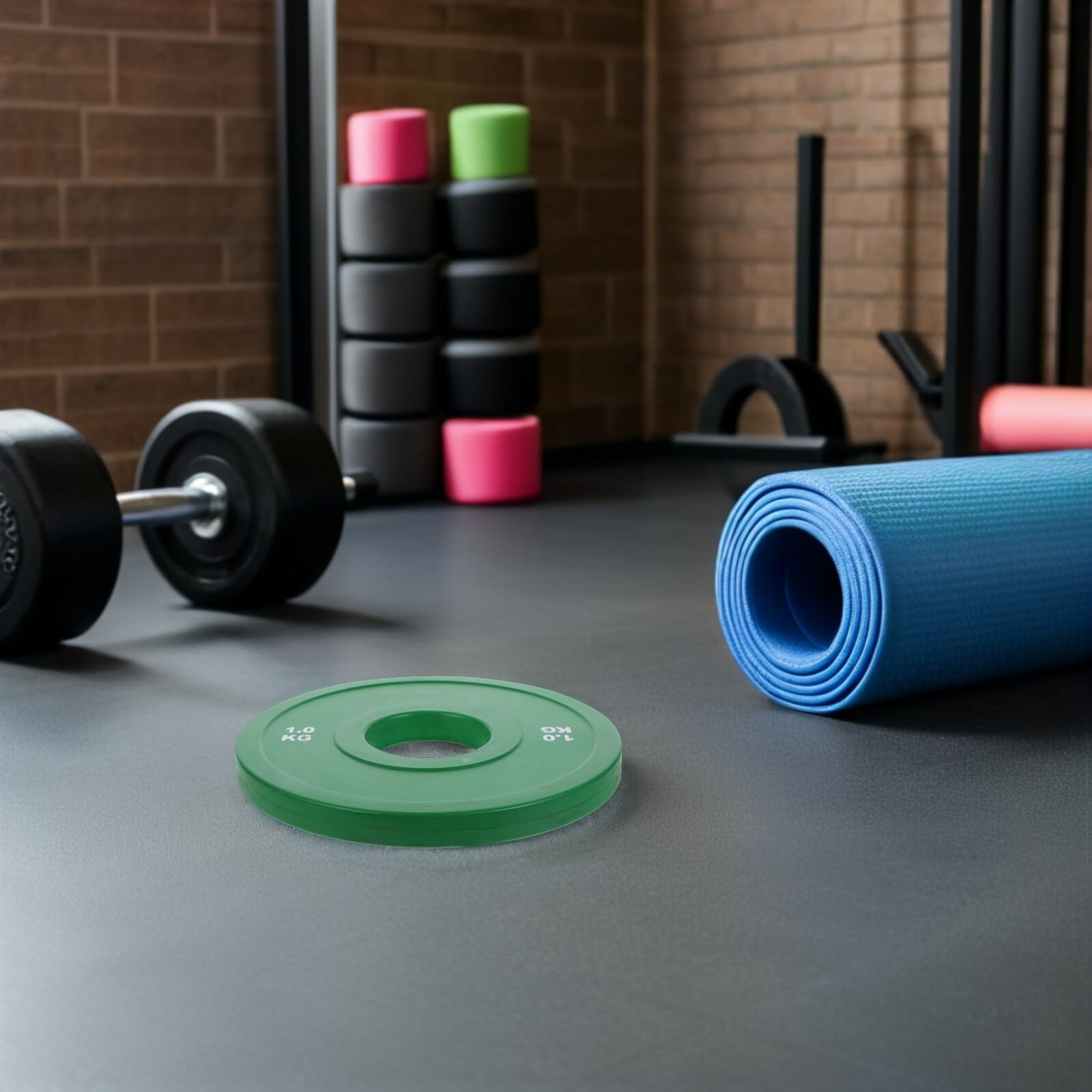 Placas de Parachoques de Goma 1kg, Disco de Entrenamiento para Gimnasio | Color Verde Claro, Superficie Lisa, Agarre Cómodo, Fácil Limpieza Ruido en Casa o Gimnasio