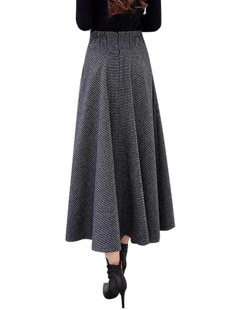 Idealsanxun - Falda larga de lana para mujer, de cintura alta, acampanada, a cuadros, para otoño e invierno