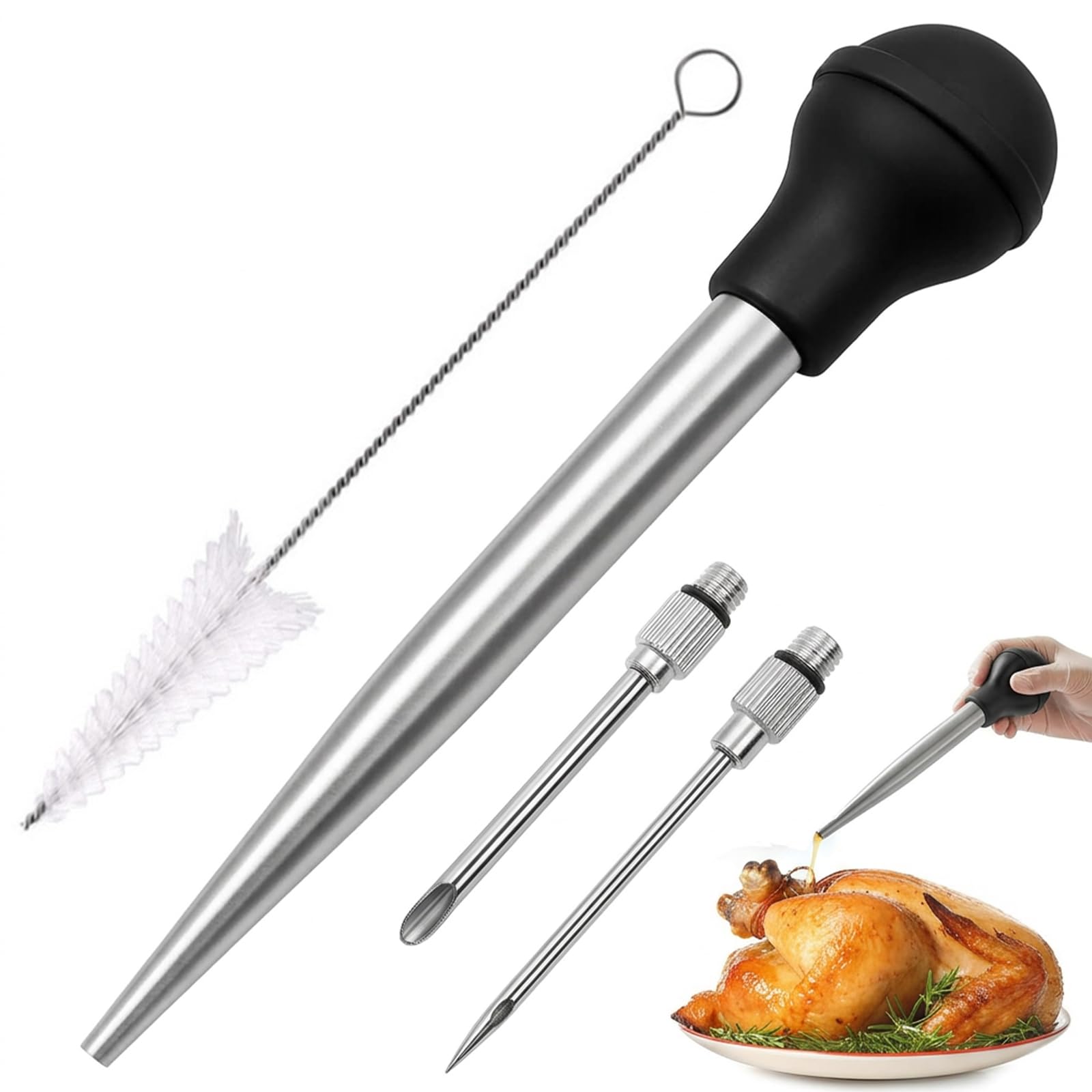 Stainless Steel Turkey Baster, 4-Piece, Marinade Injector Needle, and Cleaning Brush for Basting, Marinating, and Cooking in Kitchen, Roasting, Grilling