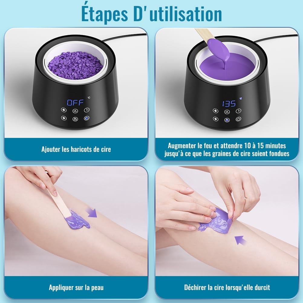 500ML Chauffe Cire, Réglable 30-135°C, Appareil a Cire Chaude Épilation Avec Fonction de Chauffage Différé, Bol en Silicone, Kit Epilation