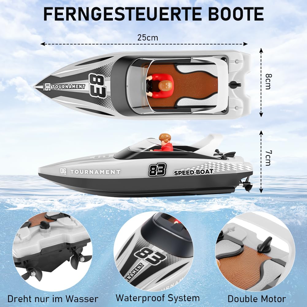 HOTUT Bateau Télécommandé, 2,4 GHz Bateau Telecommandé Enfant, Haute Vitesse RC Bateaux de Course, avec Lumières LED, avec Alarme de Batterie Faible, pour Piscines et Lacs (Blanc