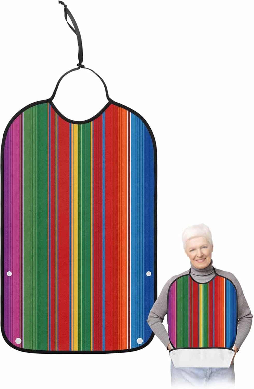 Colorful Mexican Stripes Adult Bib for Adults Men,Women,Washable & Adjustable Terry Cloth Bib with Crumb Catcher Reusable Waterproof Clothing Protector Apron Ombre Blue Red Orange Green Abstract