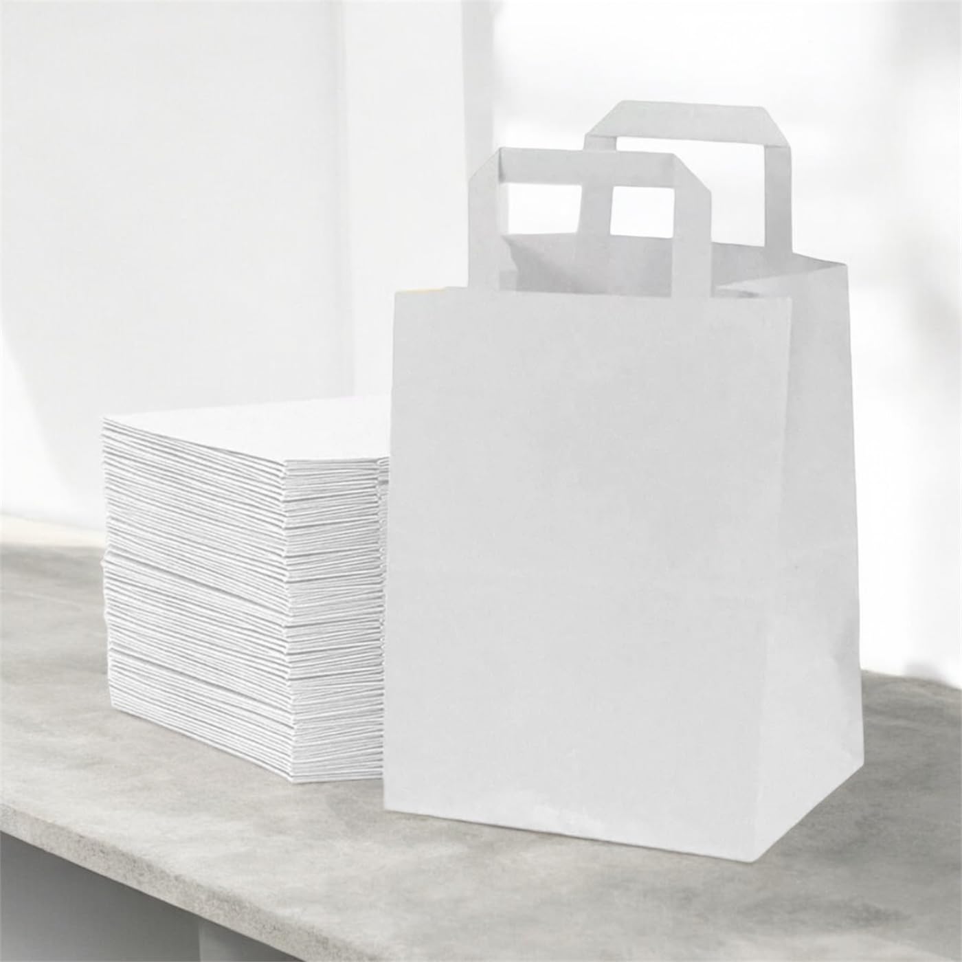 HOT BARGAINS 250 X Large White Paper Bags with Flat Handle – SOS Takeaway Carrier, 100% Recyclable, Eco-Friendly Shopping & Takeaway Bags, Strong & Durable (250, Large)