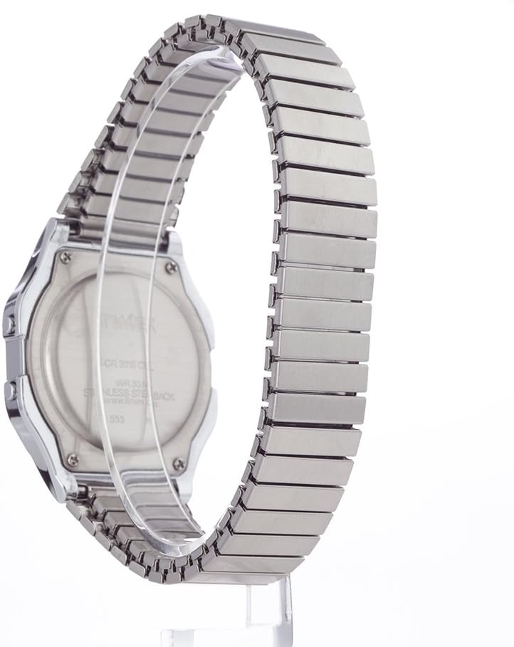 Back view of the Timex Men's Classic Digital 34mm Watch, showing the stainless steel case back with engravings.