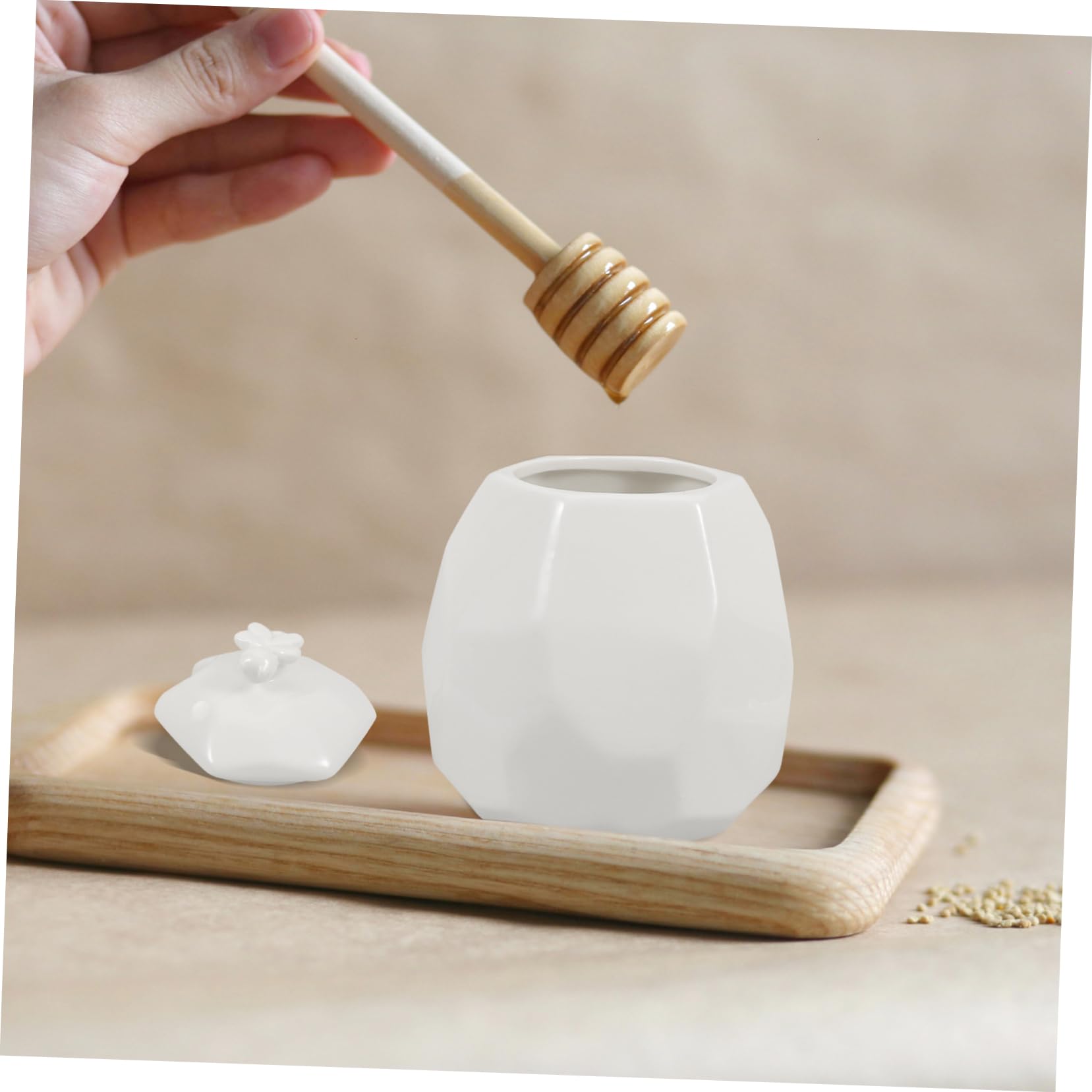 COLLBATH Keramik Honigglas mit Deckel 200ml und Holzlöffel, Weiß