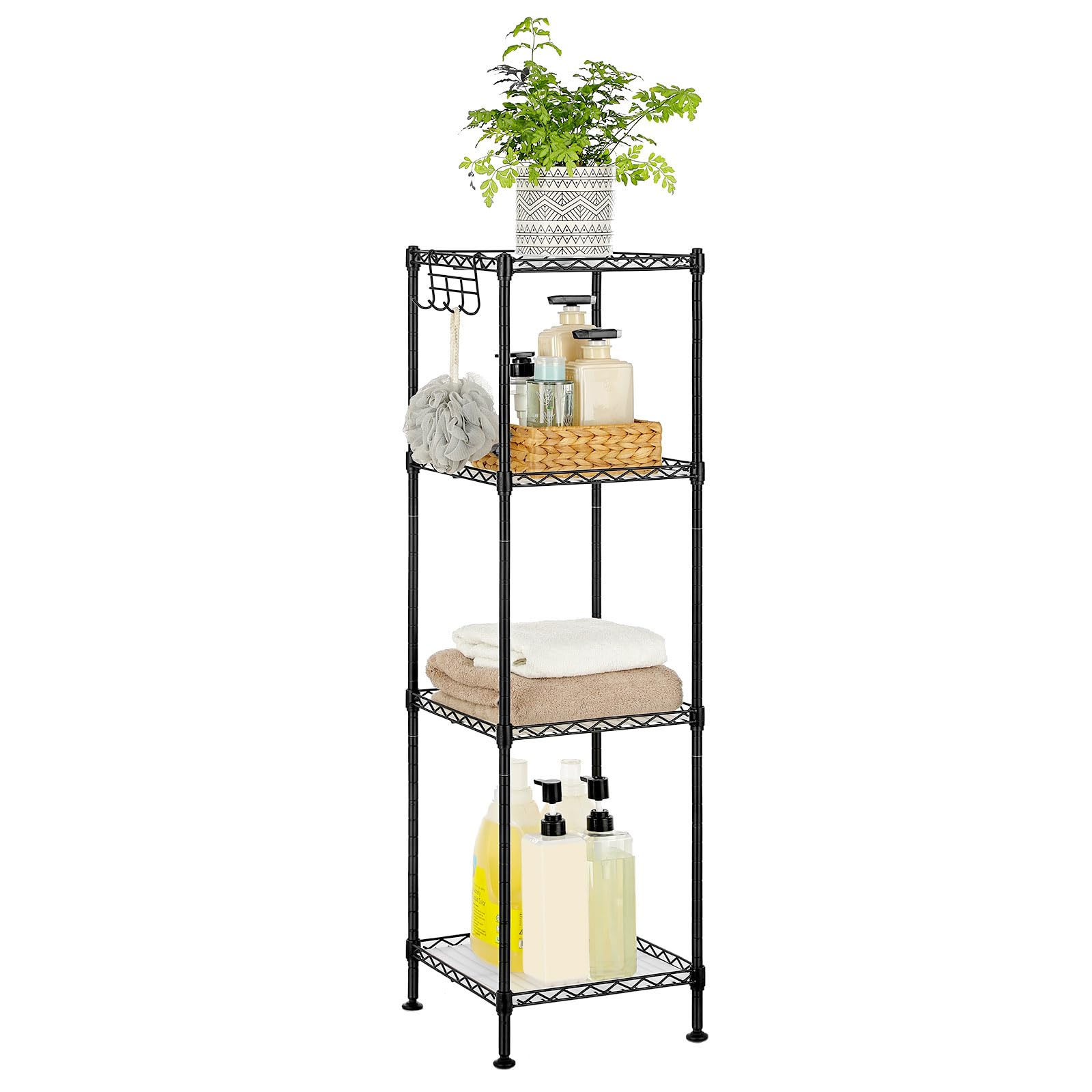 4-Tier Bathroom Shelf, Storage Rack for Small Space, with 4 PP Shelf Liners, Removable Hook, Extendable Design, Ink Black and Translucent ULGR104B01