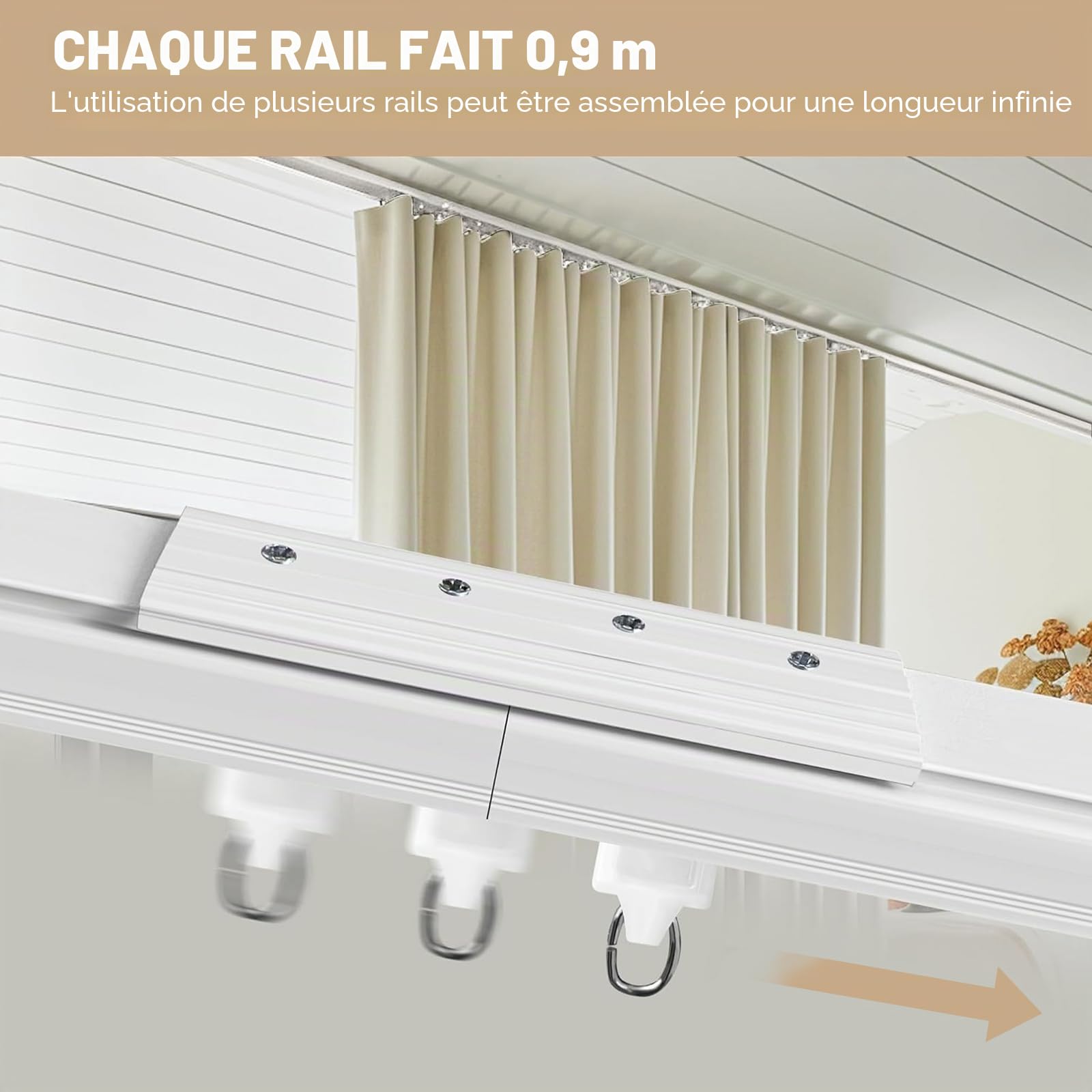 Rail de rideau de plafond robuste - Système de tringles à rideaux - Séparateur de pièce - Rails de plafond - Crochets coulissants - 2,7 m - Blanc