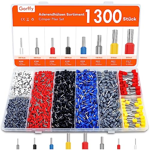 Gorffy Aderendhülsen Set 1300 Stück, Aderendhülsen 0,5 mm² - 10 mm², Isolierte Aderendhülse Sortiment, Aderendhülse Set für Drahtverbindung