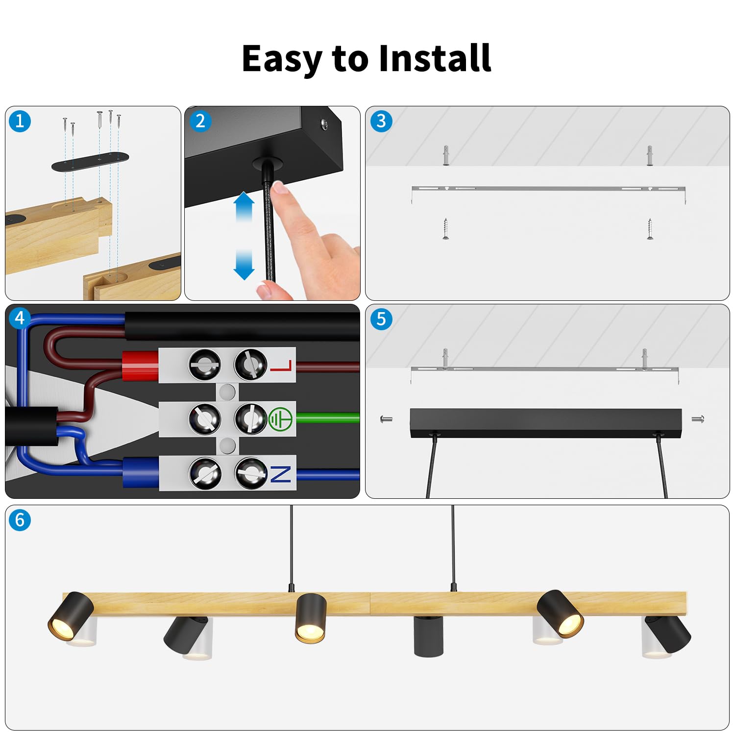 LVWIT Pendelleuchte Esstisch 6 Flammig Hängend Schwarz, Industrial Decken Hängeleuchte Holz GU10, Esszimmerlampe Schwarz, Metall Hängend Küchenlampe, Wohnzimmerlampe Decke, Lampe Flur