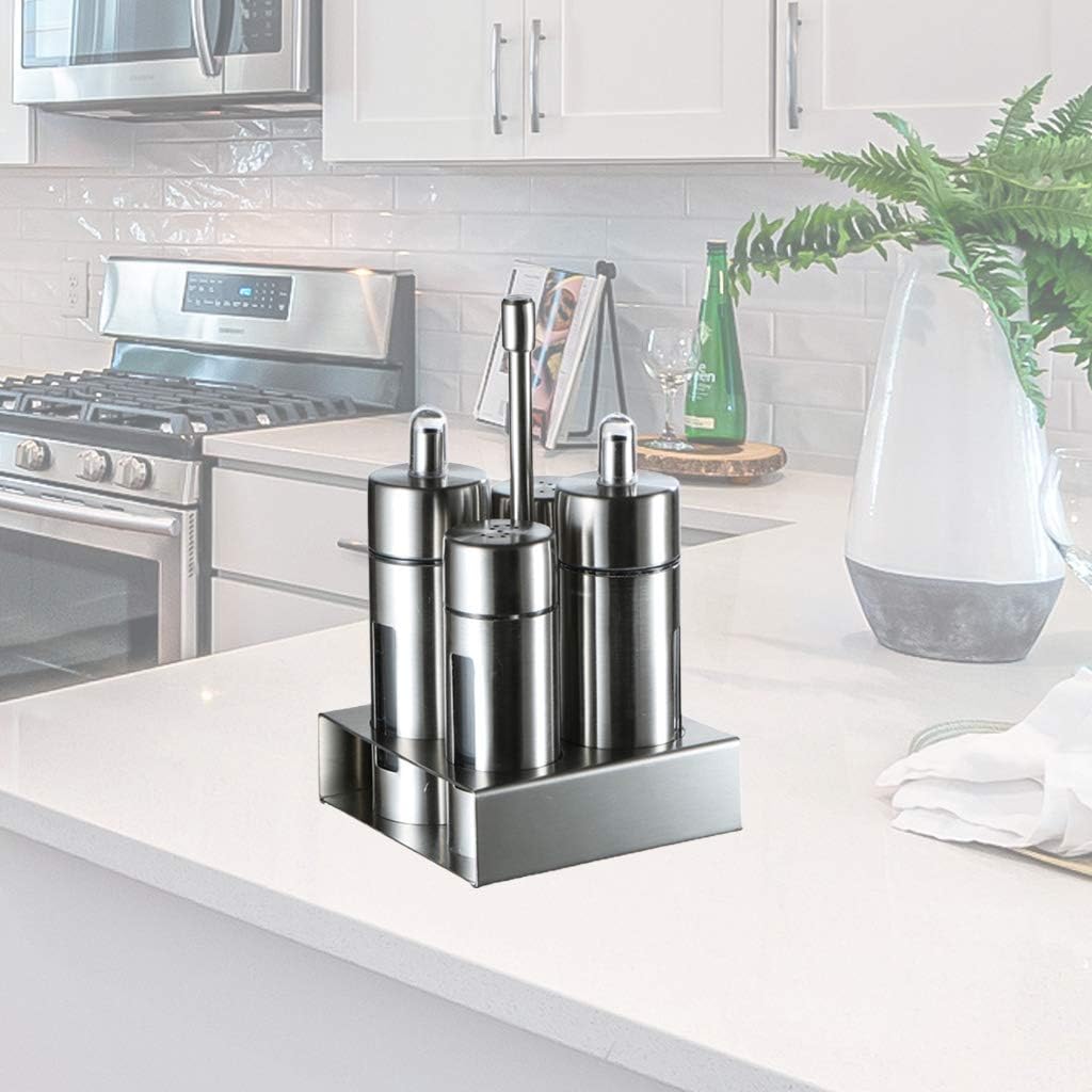 4 Pcs Stainless Steel Spice Jars Set with Storage Rack Cruet Condiment Salt Too