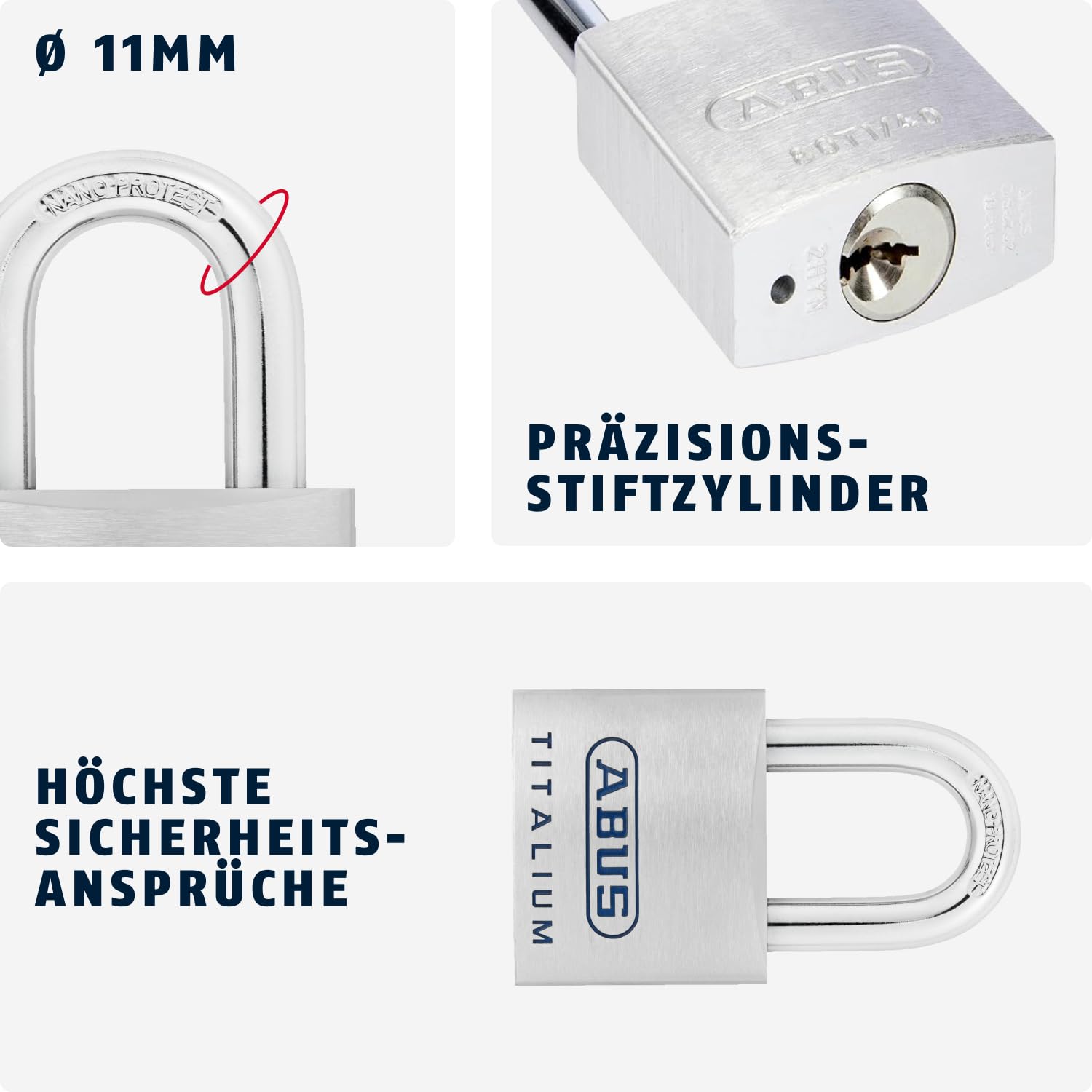 ABUS Candado Titalium 96TI/60 de Aluminio - Nivel de Seguridad 8, Plateado | Cuerpo macizo extraligero, arco acero Nano Protect, llave reversible, cierre automático - 60 mm, 332 g