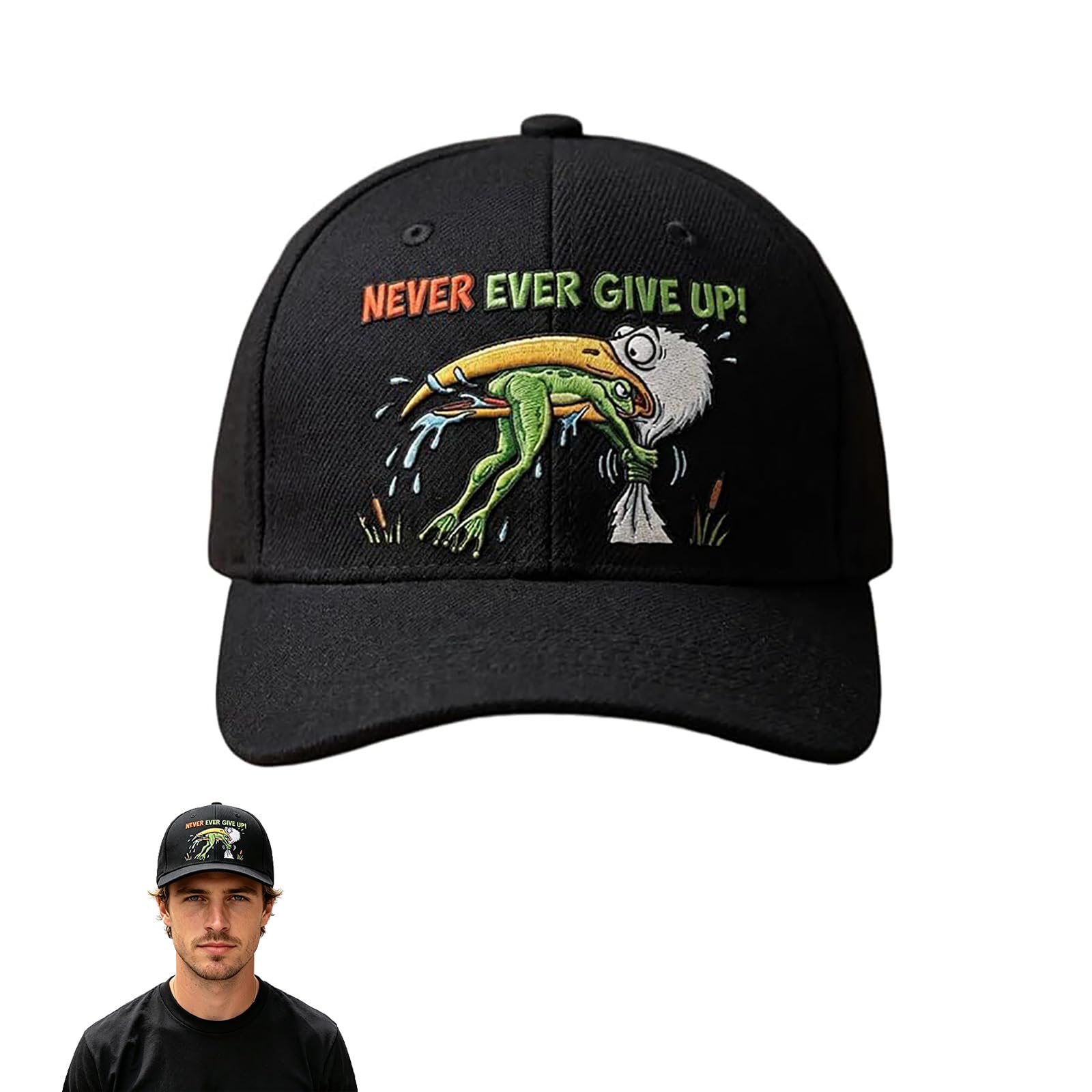Guuzetu Men's 1Pcs Funny Frog Never Ever Give Up Resilience Hat, Vintage Adjustable Motivational Baseball Hat For & Wo (1Pcs)