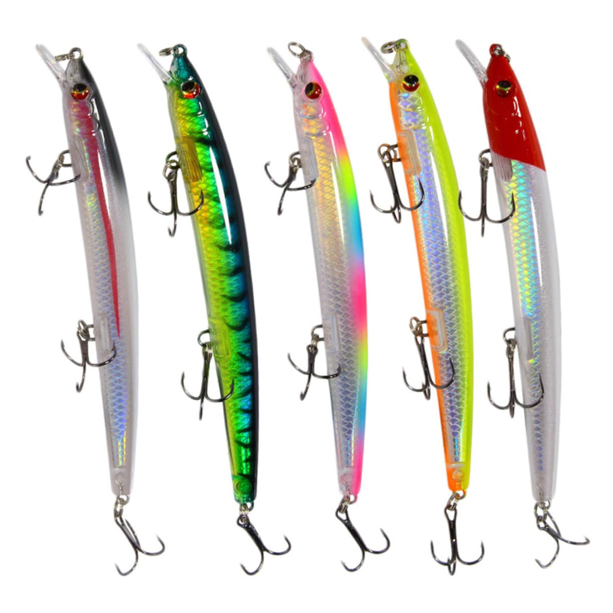 Mipcase 15pezzi Esche Galleggianti da Pesca Esche Artificiali Colorate con Testa Nera e Striscia Rossa Dorso Giallo Motivo Verde e Rosso per Appassionati di Pesca