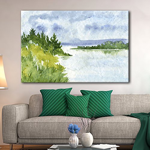 wall26 Canvas Wall Art - Watercolor Style Landscape Mountains Trees Peaceful Lake - Giclee Print Gallery Wrap Modern Home Art Ready to Hang - 24x36 inches