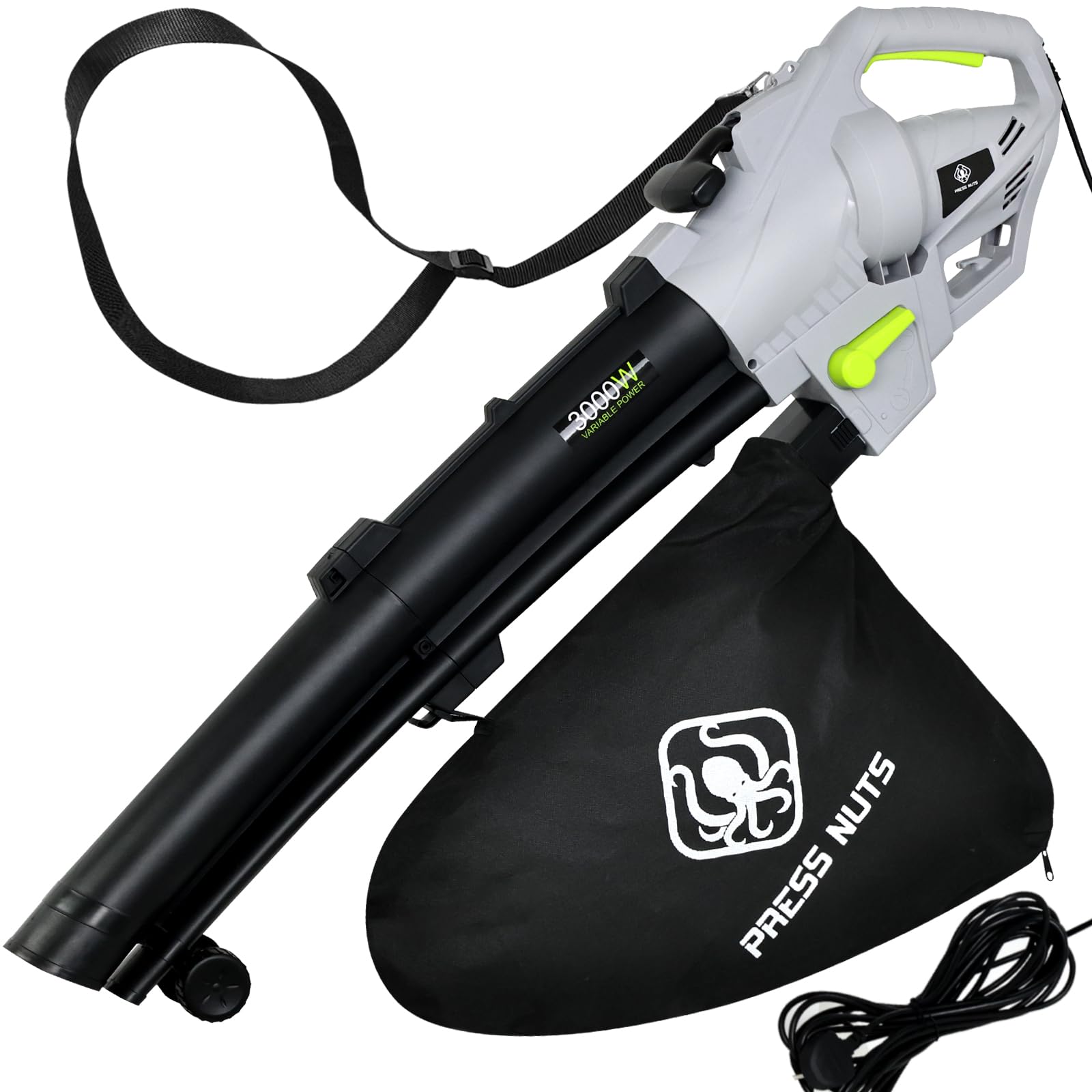 3 in 1 Leaf Blower, 3000W Garden Vacuum and Shredder with 10m Cable, Wheels, Garden Vacuum for Clearing Patios, Gardens of Leaves(Grey)