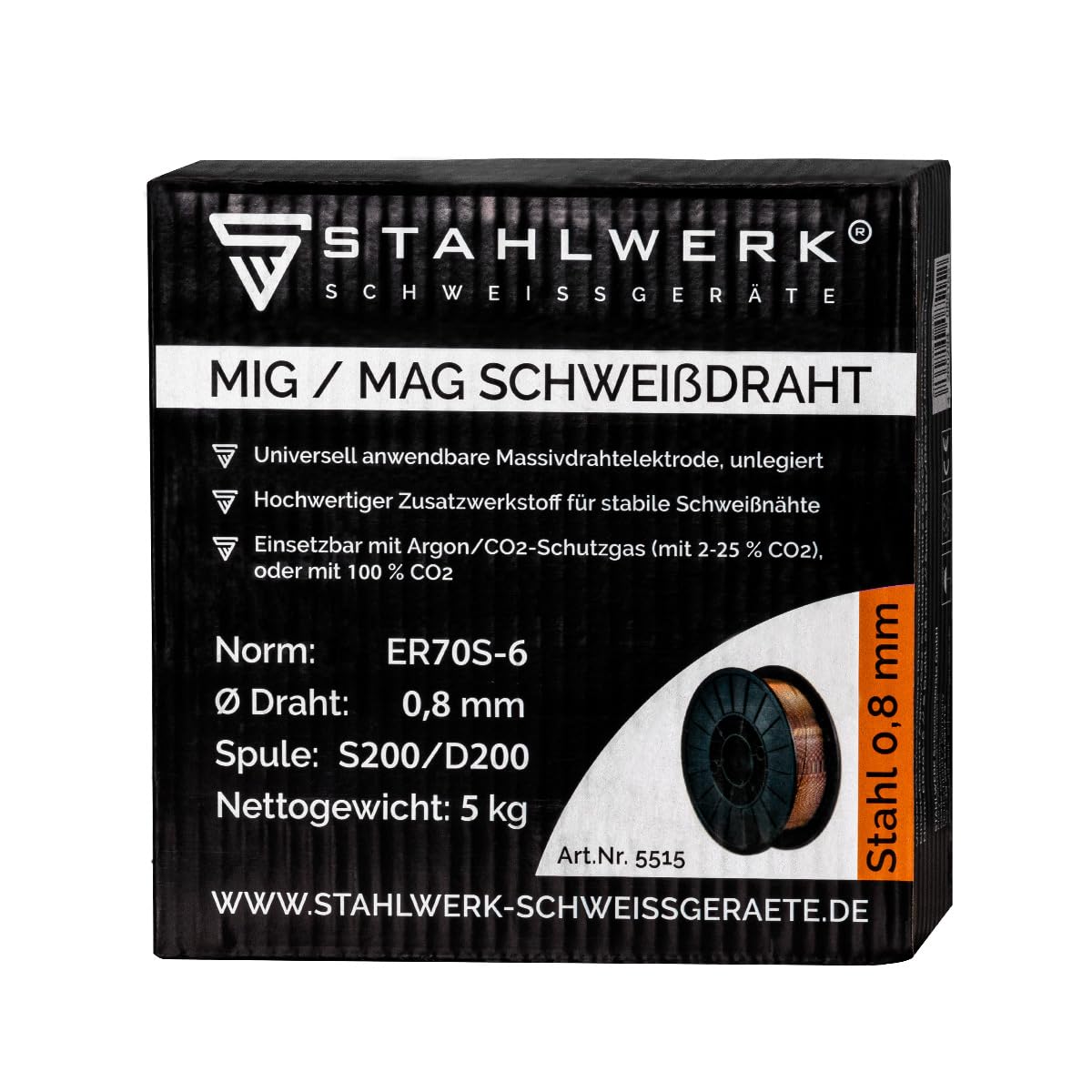 2 x STAHLWERK alambre para soldadura MIG/MAG Ø 0,8 mm, acero SG2 ER70S-6, en bobina de alambre S200/D200 de 5 kg con mandril de 50 mm, de uso universal