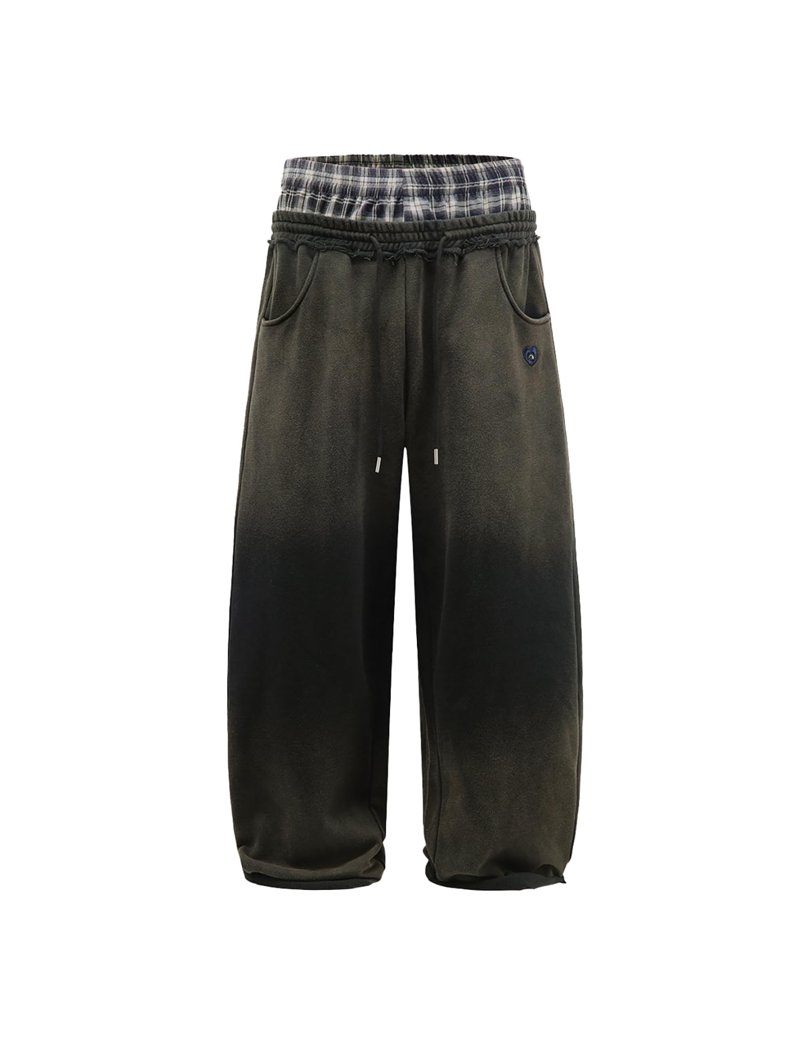 Aelfric Eden Double Waist Washed Baggy Sweatpants Loose Wide Leg Plaid Patchwork Casual Pants with Pockets