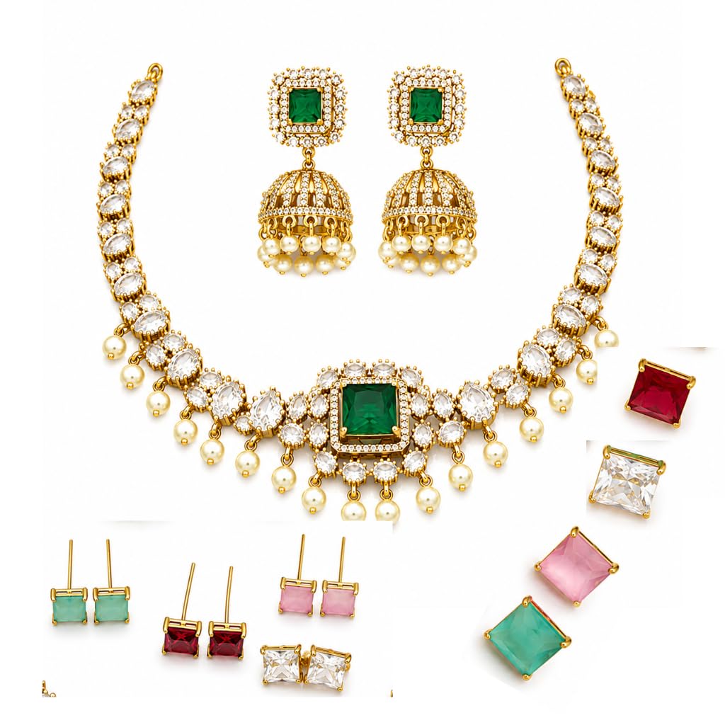 5 in 1 Changeable Stone American Diamond Necklace Set for Women | Micro Gold Plated CZ Pearl Bridal Jewellery Set with Interchangeable Color Stones & Jhumka Earrings-image-7