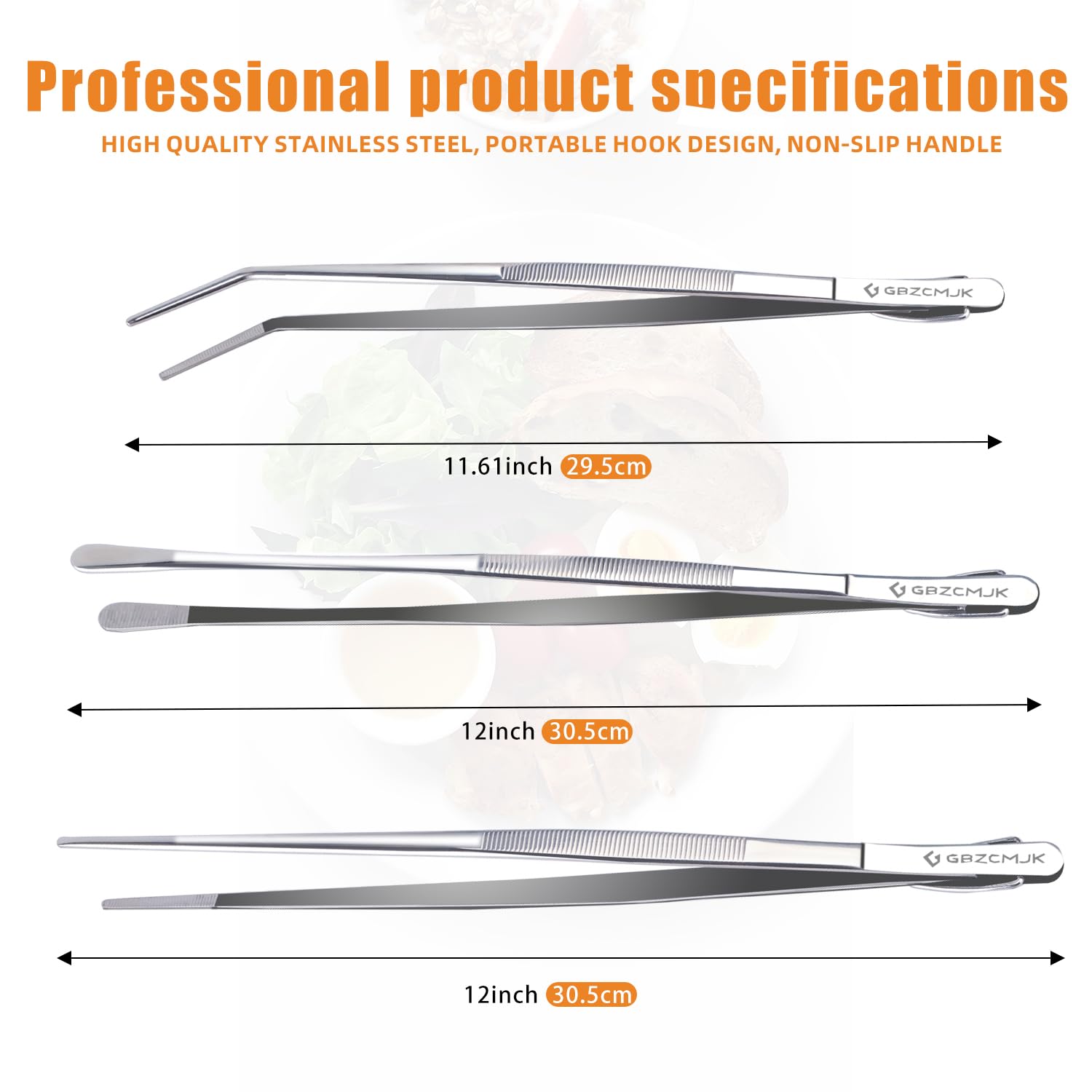 GBZCMJK 3 pinzas de cocina, pinzas de acero inoxidable de 12 pulgadas y 11.6 pulgadas para cocinar, pinzas de cocina profesionales, pinzas de cocina de chef, comida marina, barbacoa, chapado y servir