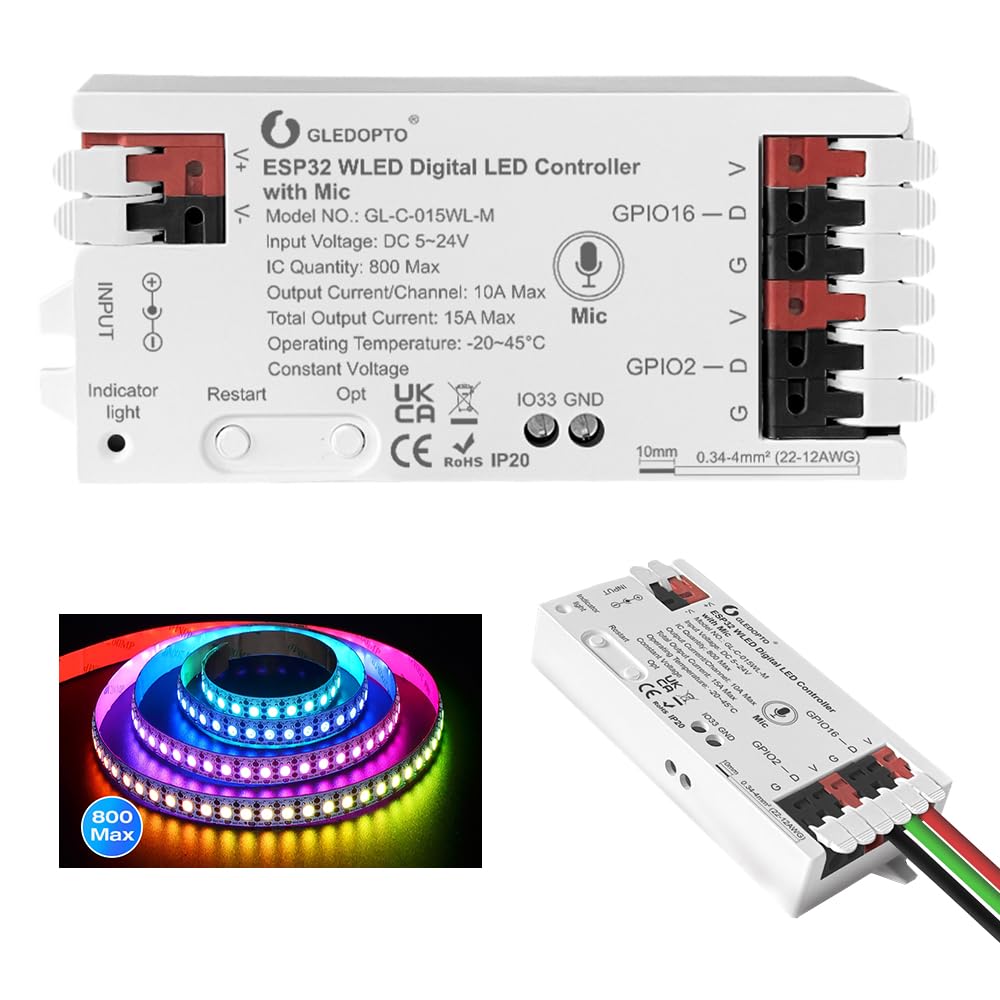GLEDOPTO GLEDOPTO ESP32 WLED LED Strip Controller with Mic Microphone 5-24V Music Dynamic Mode RGB IC DIY Lighting App Control Strip Light for WS2811 WS2812 SK6812 TM1814 WS2813 WS2815 (015WL with Mic)