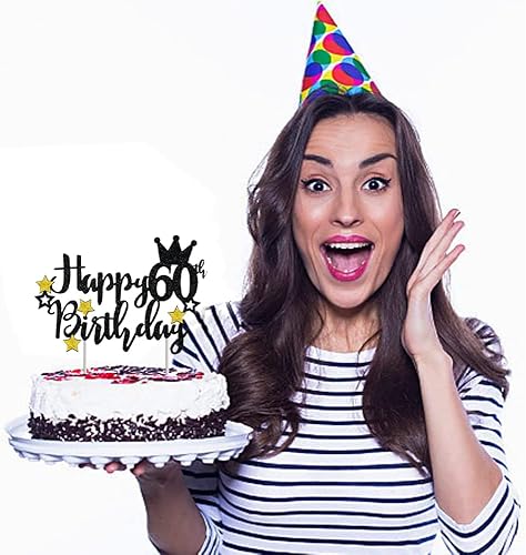 Miniatura 3 de Decoración para tartas de feliz 60 cumpleaños, estrella negra con purpurina 60 y fabulosa selección para pastel de cumpleaños 60, aniversario,