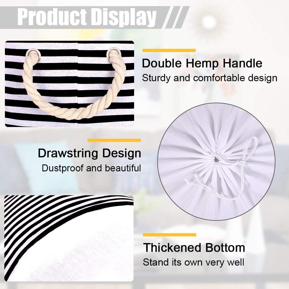 19.7-Inches Thickened Large Laundry Basket, Laundry Hamper with Durable Cotton Handle, Drawstring Waterproof Round Collapsible Storage Basket(Black Strips)