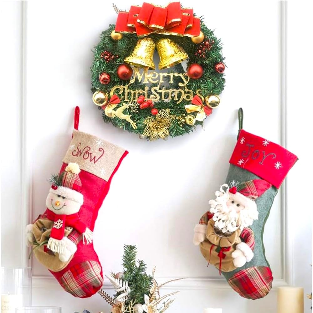 LATERN 30CM Ghirlanda di Natale, Ghirlanda di Pino di Natale Artificiale con Fiocco Campana Cervo Bacche Rosse Fiore per Natale Porta Parete Camino Finestra Albero di Natale Decorazione