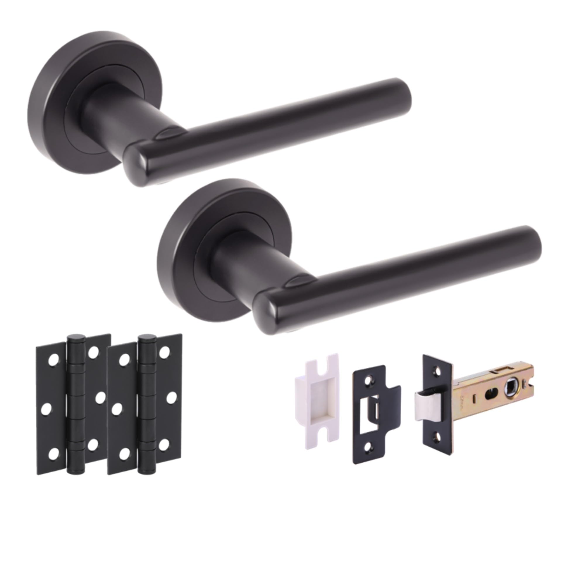 Hunta HANDLEZONE® Solus Internal Door Handle Latch Pack, Complete with Lever On Rose Handles, 76mm Latch, 75mm Ball Bearing Hinges - Black Matt