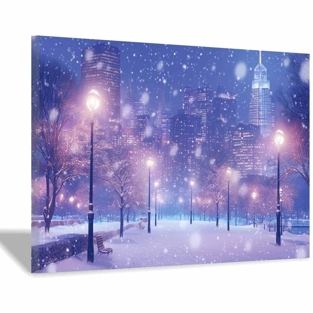 QUSAAOU Wandbilder Wohnzimmer Verschneiter Stadtpark mit leuchtenden Lampen Leinwandbild Im Modernen Stil Mit Naturmotiven,Geeignet FüR Schlafzimmer Und Wohnzimmerflure(Blau)-40x60cm Gerahmt