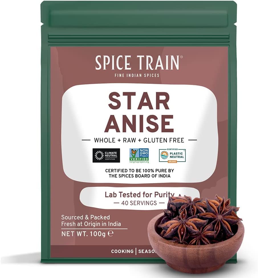 SPICE TRAIN, Star Anise Whole (100g/3.5oz) Gluten-Free, 100% Raw Whole Chinese Star Anise Pods | Premium Quality | Direct from Source, Resealable Ziplock Pouch