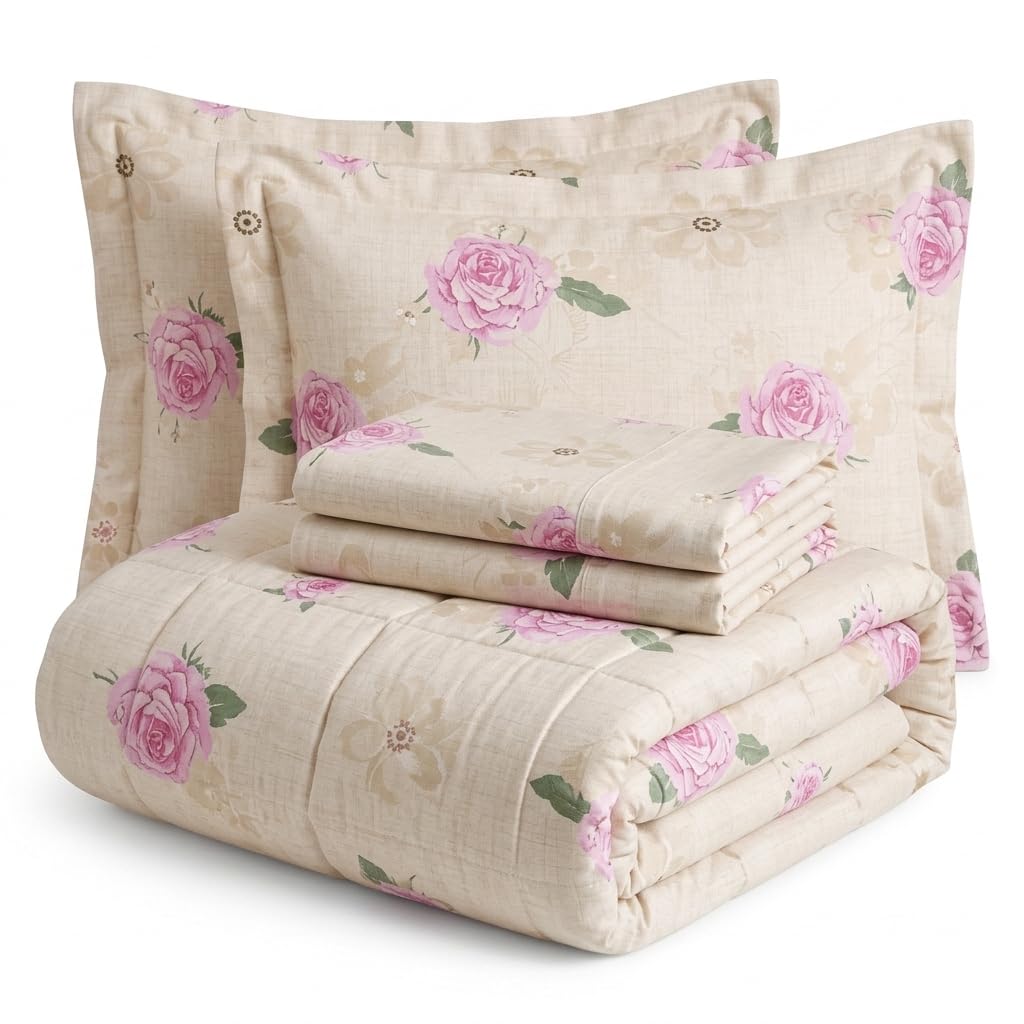 Premium Floral Cotton Double Bed 4 Piece Bedding Set | Comforter with Bedsheet & 2 Pillow Covers | Ultra Soft & Lightweight Quilt for All Seasons | 228x228 cm (Blush Pink)-image-2