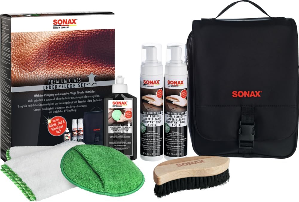 SONAX SONAX PREMIUM CLASS LederPflegeSet (3x 250 ml) inkl. 2x LederReiniger, 1x LederPflegeCreme, 1x MicrofaserTuch, 1x MicrofaserPflegePad, 1x IntensivreinigungsBürste