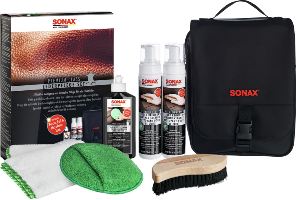 SONAX PREMIUM CLASS LederPflegeSet (3x 250 ml) inkl. 2x LederReiniger, 1x LederPflegeCreme, 1x MicrofaserTuch, 1x MicrofaserPflegePad, 1x IntensivreinigungsBürste | Art-Nr. 02819410