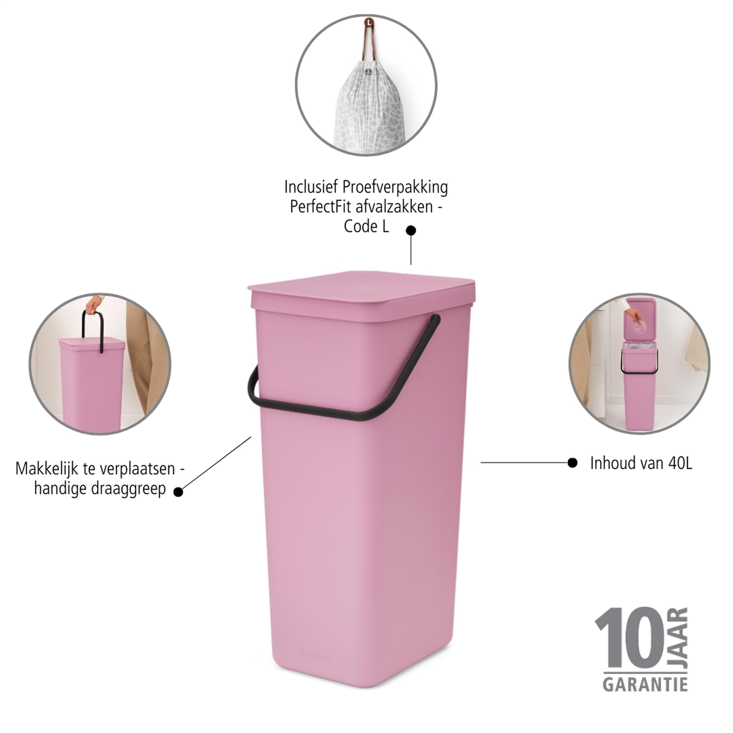 Brabantia Sort & Go Abfalleimer mit Deckel 40 L (Lilac Pink), platzsparender Pfandsammler mit Griff, abnehmbarer, feststellbarer Deckel, leicht zu reinigender großer Mülleimer ohne Ecken und Ränder