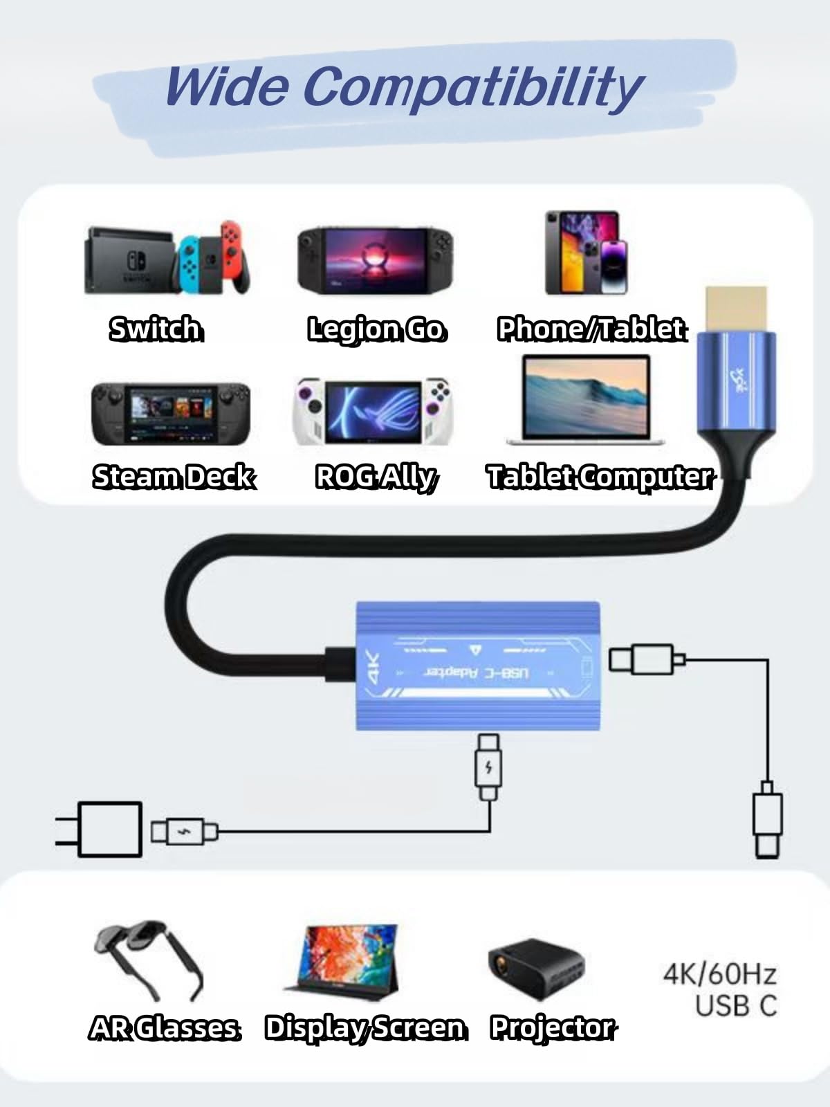 Adapter HDMI na USB C 4K przy 60 Hz, okulary AR kompatybilne z portem XREAL/VITURE/RayNeo/Rokid PD, adapter Plug & Play HDMI na typ C, przenośny monitor z PS4, PS5, Xbox, Switch, laptopa