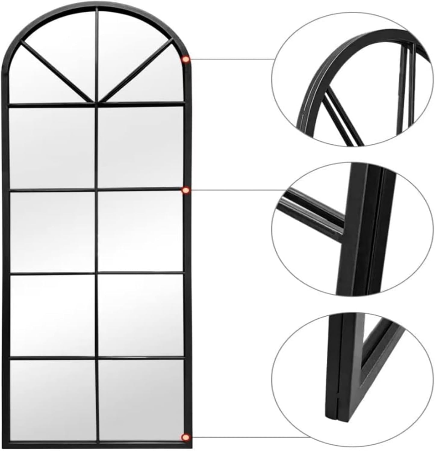 Full Length & Floor Mirror 71" x 32" Window/Wall Decorative Mirrors, Aluminium Framed Window Pane Mirror, Arched Top Wall Mirror for Entryway Living Room, Bedroom, Fireplace (Black)