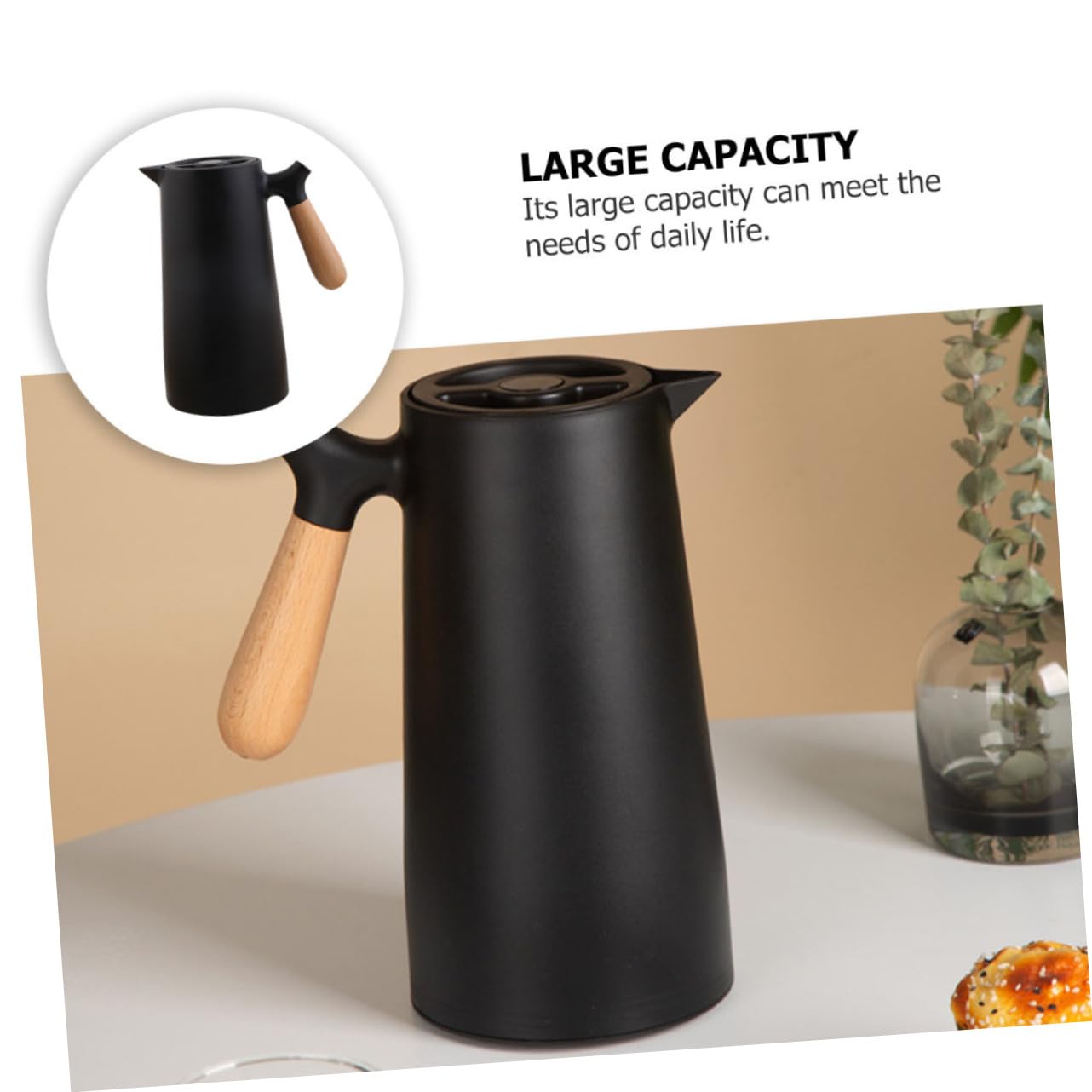 SOLUSTRE Isolierte Thermosflasche aus mit Holzgriff 1L Doppelwandige Thermokanne für Zuhause Büro und Reisen Auslaufsicher Leicht zu Reinigen für Heiße und Kalte Getränke