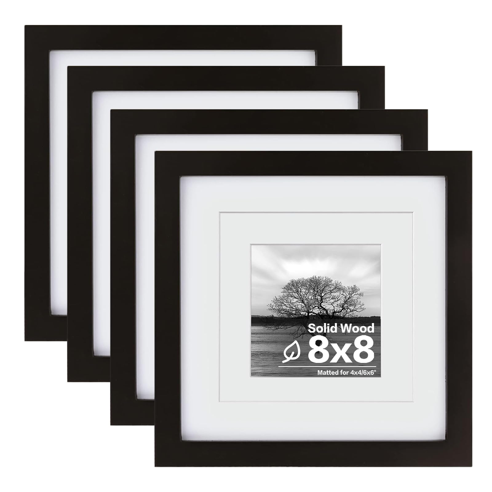 Egofine 8x8 Picture Frames 4 PCS - Made of Solid Wood Covered by Plexiglass Display 4x4/6x6 with Mat or 8x8 without Mat, for Table Top Display and Wall Mounting Photo Frame Black