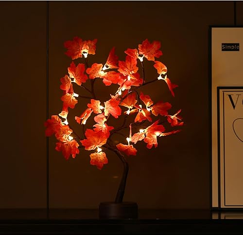 Miniatura 8 de Árbol de arce artificial iluminado de otoño, 24 luces LED, decoraciones de Acción de Gracias, funciona con bateríaUSB, árbol pequeño preiluminado