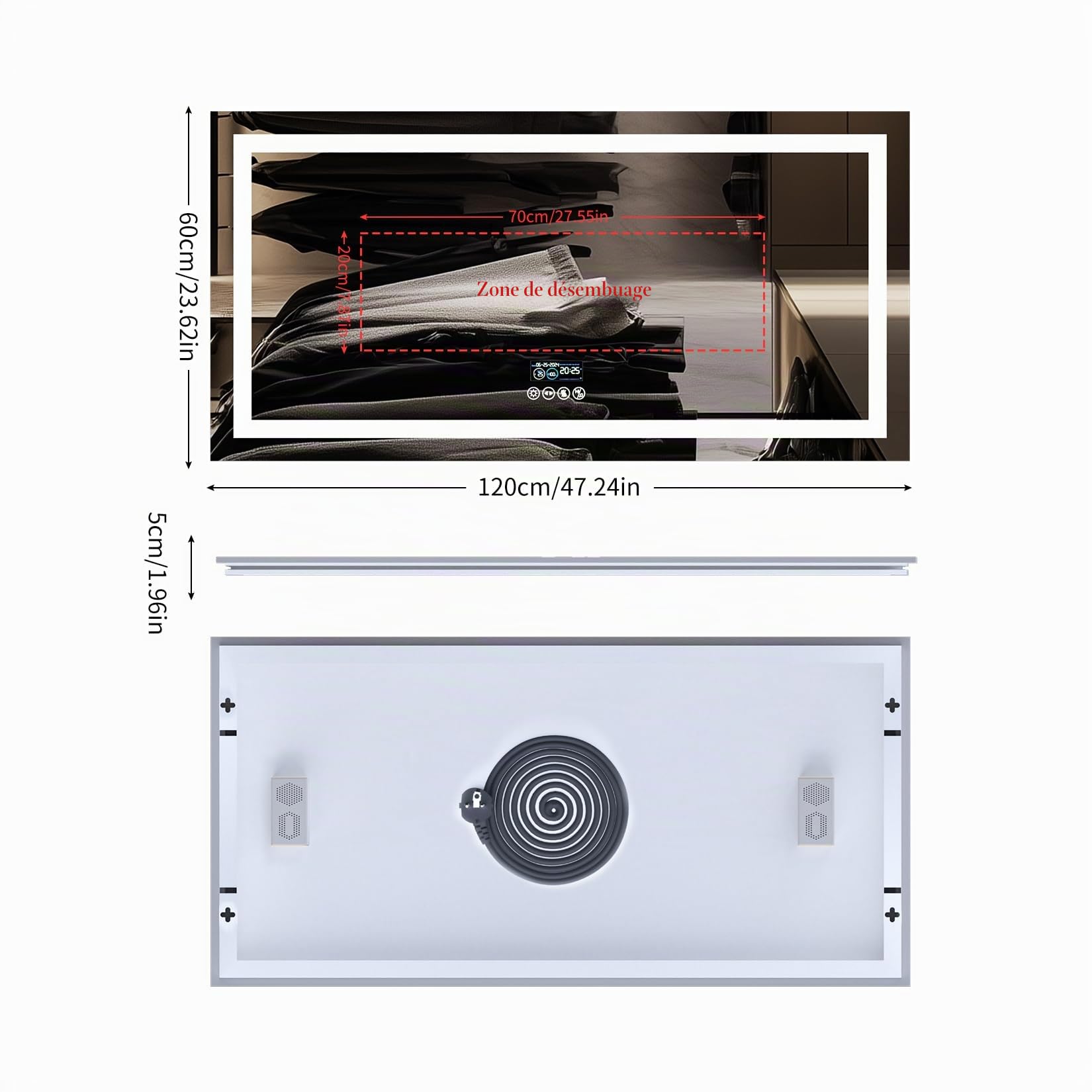 LUVODI Miroir Salle de Bain LED 120x60cm avec Bluetooth 5.2, Horloge, Éclairage Intégré, Rétroéclairage, 4 Boutons, Gradable, Connecté IP65, Mémoire Antibué