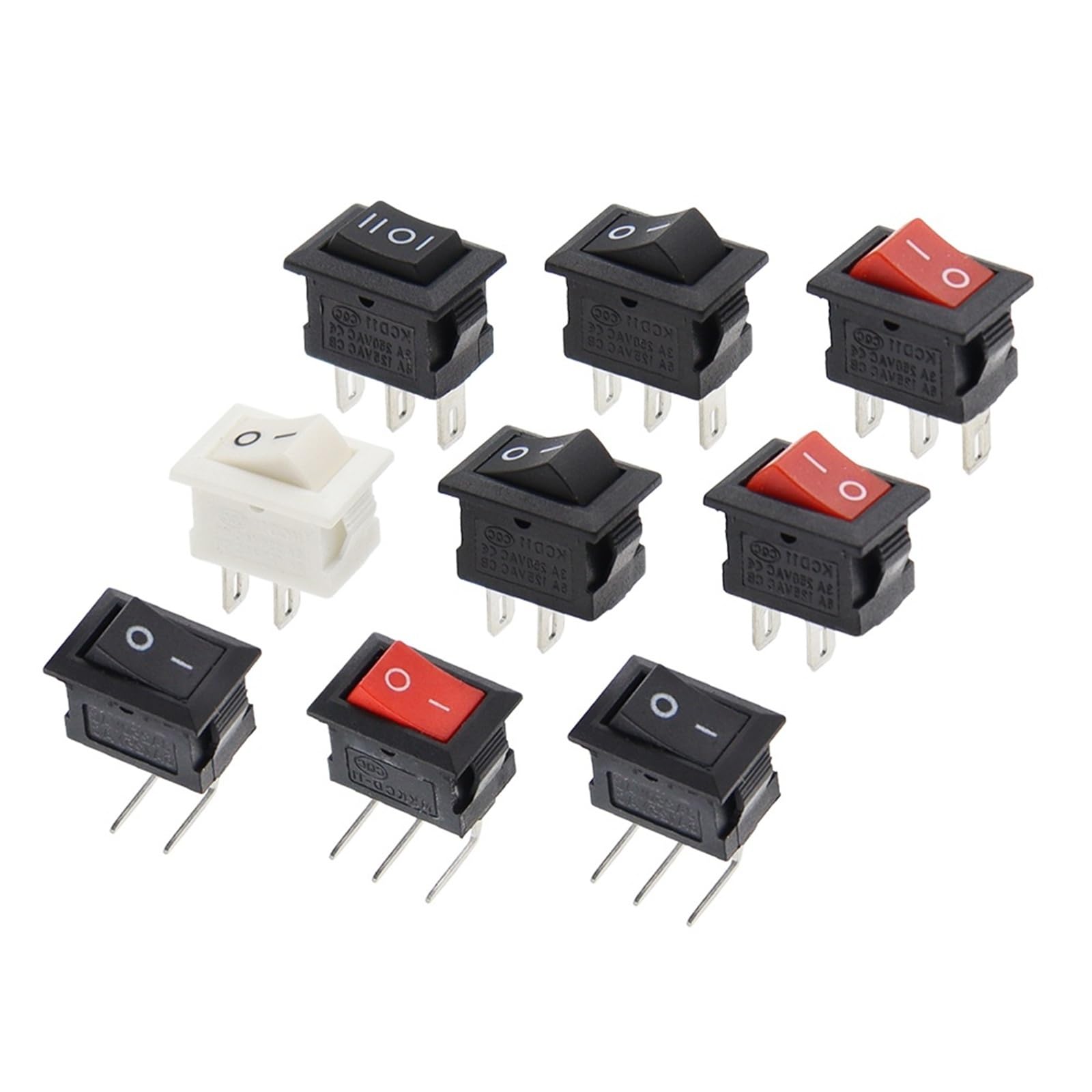 100 interruptores basculantes KCD11 de 10 x 15 mm, mini pulsador, ON-OFF/ON-OFF-ON, 2 pines, 3 A, 250 V CA, 6 A, 125 V CA(3Pin L-type black)