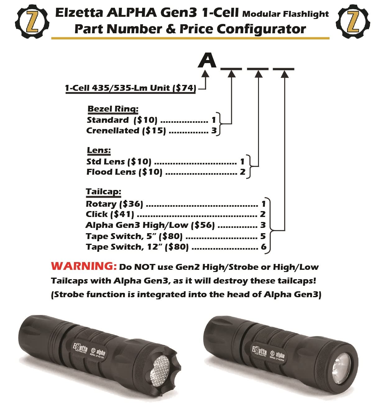 Amazon.co.jp : Elzetta Alpha Gen3 A-122: 1セル 懐中電灯 標準ベゼル