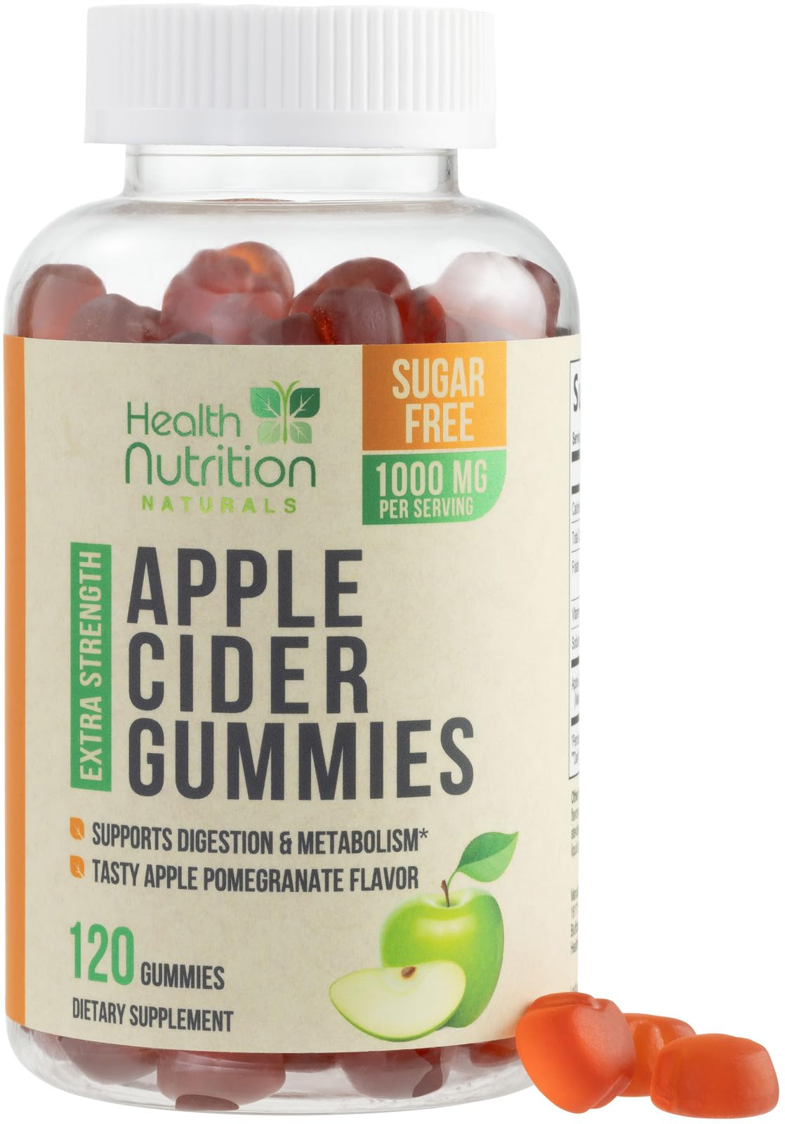 Apple Cider Vinegar Gummies 1000mg - Sugar Free Max Strength ACV Gummy Vitamins, Advanced Formula with Vitamin B12 Supports Metabolism & Energy, Keto Friendly, Gluten-Free, Vegan, Non-GMO, 120 Gummies