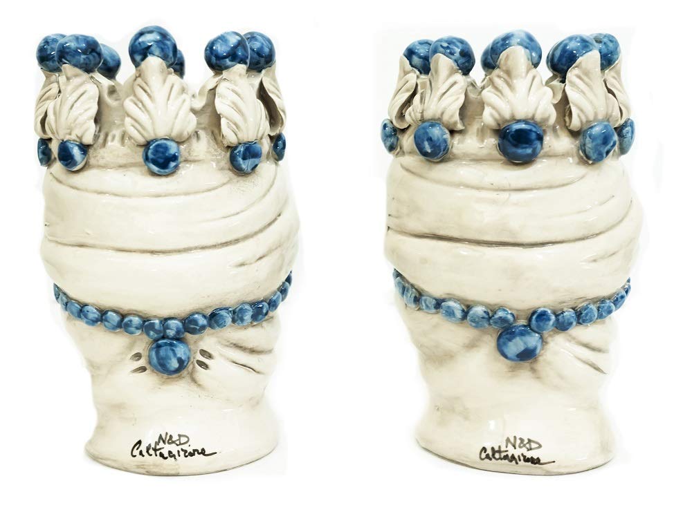 Generico Coppia teste di moro Caltagirone blu in ceramica siciliana vaso grande H 20 cm